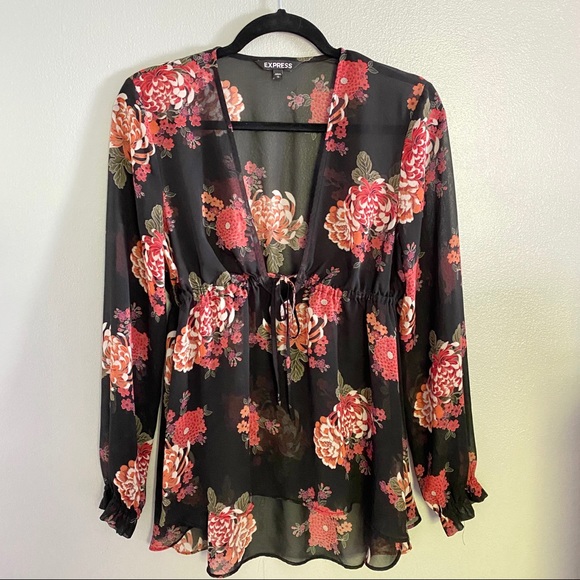 Express Tops - Black Floral V-Neck Blouse